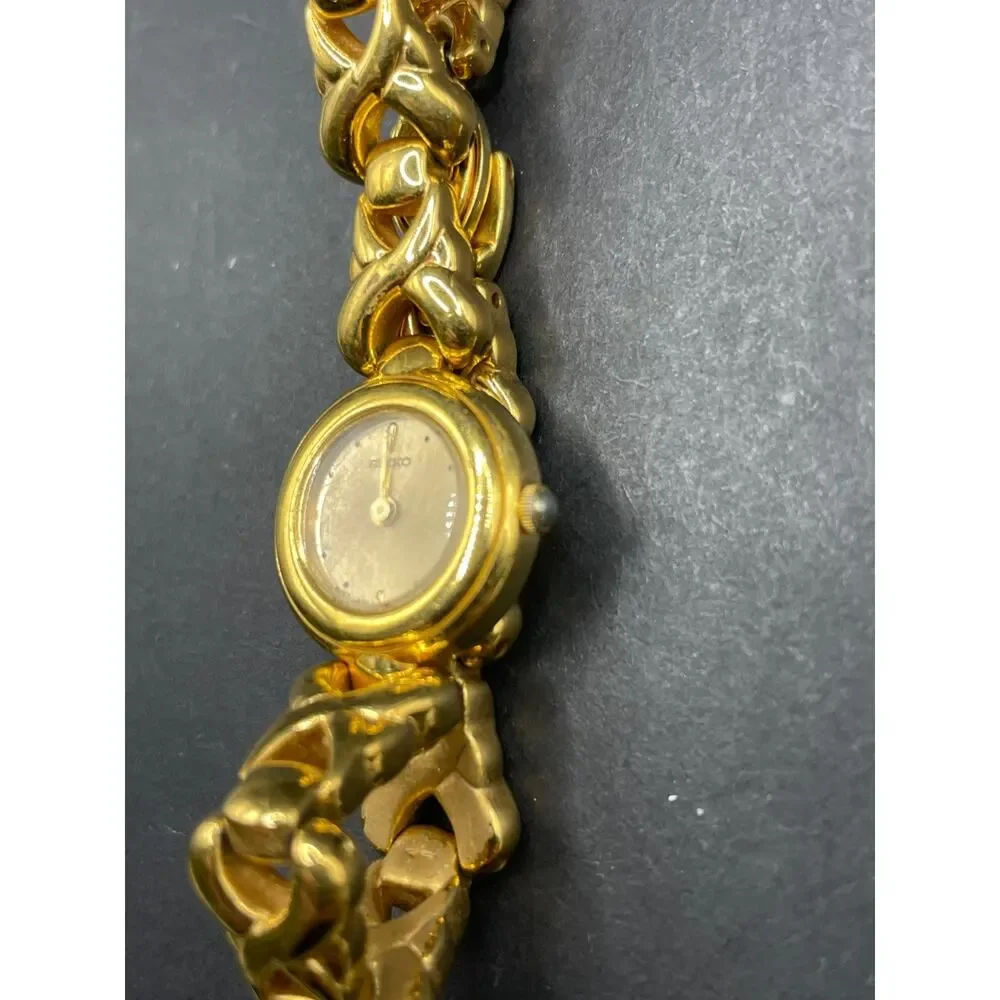 Vintage Seiko March Gold Tone Base Metal Watch 19.3mm Unique Bracelet Band